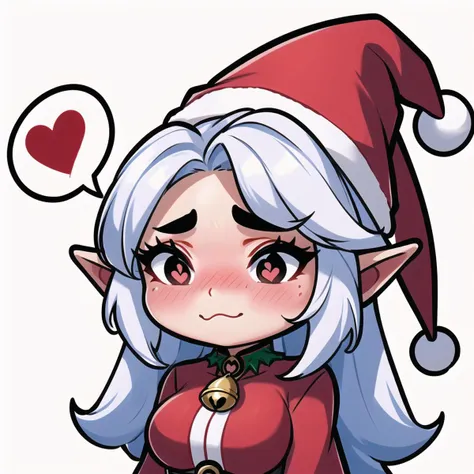 (vector trace:1.4,emoji:1.4),  (headshot, close-up, solo, 1girl:1.4),(chibi:1.4, medium breasts, santa_outfit, santa hat, mistletoe, hair bell:1.4), (very long hair, red eyes, iridescent white hair, looking at viewer, facing viewer), (makeup, elf, pointy ears:1.4), ((spoken heart, shy, blush, embarrassed:1.4)), (white background:1.4)  <lora:EmoteMakerLora:.8>
<lora:Emotes-remaster-v1 (1):1>