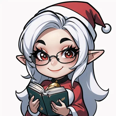 (vector trace:1.4,emoji:1.4),  (headshot, close-up, solo, 1girl:1.4),(chibi:1.4, medium breasts, santa_outfit, santa hat, mistletoe, hair bell:1.4), (very long hair, red eyes, iridescent white hair, looking at viewer, facing viewer), (makeup, elf, pointy ears:1.4), ((light smile, black framed eyewear, holding open book:1.4)), (white background:1.4)  <lora:EmoteMakerLora:.7>
<lora:Emotes-remaster-v1 (1):1>