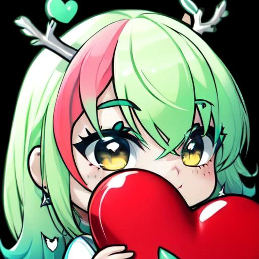 1girl, ceres fauna, chibi, close up, green hair,holding big red heart, white background, antlers, yellow eyes,
<lora:Emotes-remaster-v1:1> <lora:ceres fauna:1>