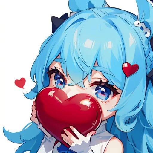 1girl,chibi, close up, blue hair,holding big red heart, white background, <lyco:Emotes-remaster-v4:1.0>