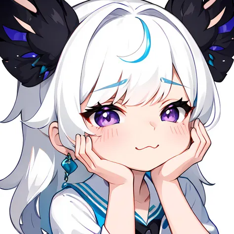 1girl, purple eyes, white hair, close up, chibi, white background, sticker, embarrassed with hands on cheek, headpat, <lyco:Emotes-remaster-v1:1.0>