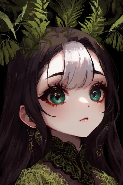 woman in a mythical forest, masterpiece, perfect face, intricate details, horror theme <lora:Emotes-remaster-v4:1> chibi, close up,