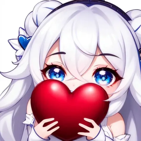 (masterpiece, best quality:1.3), detail eyes, chibi, honkai impact, white hair, blue eyes, long hair, hair between eyes, medium breasts, white dress, holding big red heart, white background, <lyco:Emotes-remaster-v1:1>