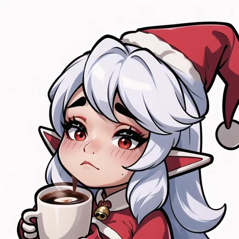 (vector trace:1.4,emoji:1.4),  (headshot, close-up, solo, 1girl:1.4),(chibi:1.4, medium breasts, santa_outfit, santa hat, mistletoe, hair bell:1.4), (very long hair, red eyes, iridescent white hair, looking at viewer, facing viewer), (makeup, elf, pointy ears:1.4), ((tired, sleepy, holding coffee:1.4)), (white background:1.4)  <lora:EmoteMakerLora:.7>
<lora:Emotes-remaster-v1 (1):1>