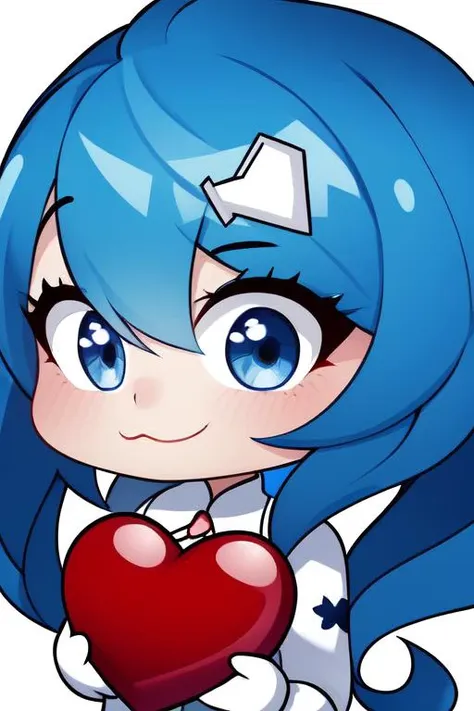 1girl,chibi, close up, blue hair,holding big red heart, white background, 
<lora:Emotes-remaster-v1:1>