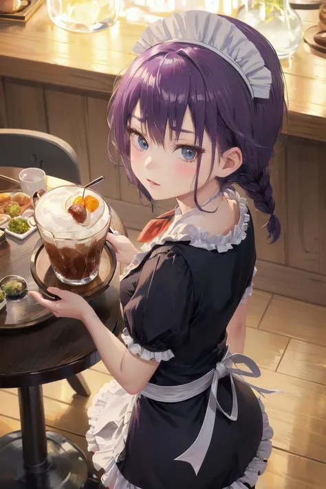as-young, 1girl, 8k, (masterpiece, best quality, fantastic lighting:1.2), (full body:1.2), from above,
a photo of a shorty girl, kominami asumi, in maid cafe, serveing drink on tray, indoors,
luxury black outfit, glossy gothic dress, frills, headdress, apron, hair ornament,
<lora:asumi:0.8>
sfw
