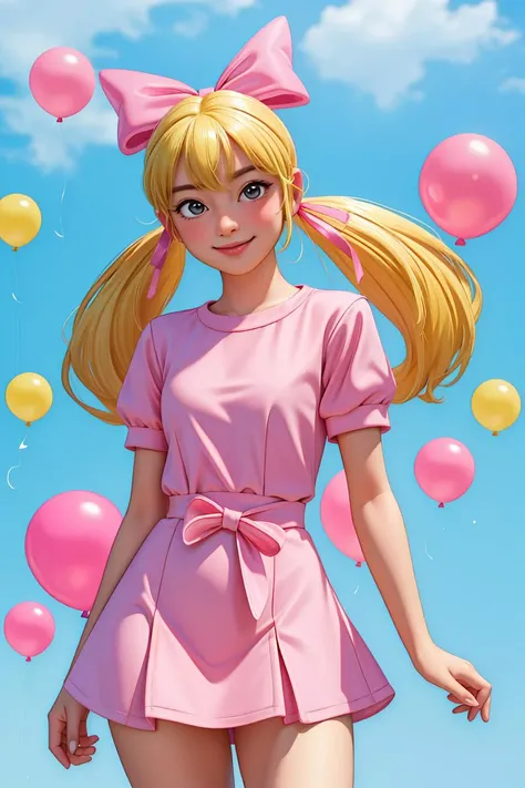 (masterpiece:1.4), (best quality:1.4), (high resolution:1.4), cartoon style, adult, 20yo, HelgaPataki, sassy smile, twintails, blonde hair, pink ribbon, pink dress, hair bow, cowboy shot, looking at viewer, small breasts, tall, slim, wide hips, artstation female body, solo, 1girl, character focus, perfect hands, bubblegum balloon, bubblegum, dynamic pose <lora:HelgaPataki:1>