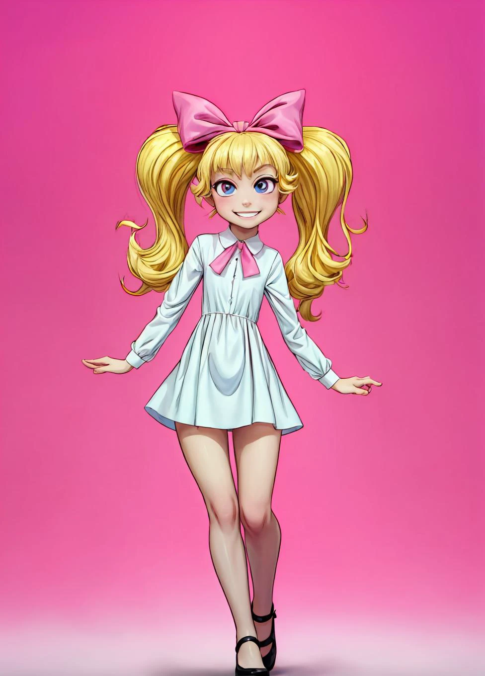 (masterpiece:1.4), (best quality:1.4), (high resolution:1.4), sassy smile, HelgaPataki, twintails, blonde hair, pink ribbon, white shirt, ((pink a dress:1.2)), hair bow, detailed face, detailed eyes, solo, 1 girl, cowbow shot, full body, psychodelic backgorund, pink neon colors <lora:add_detail:1.5> <lora:HelgaPataki:0.8>