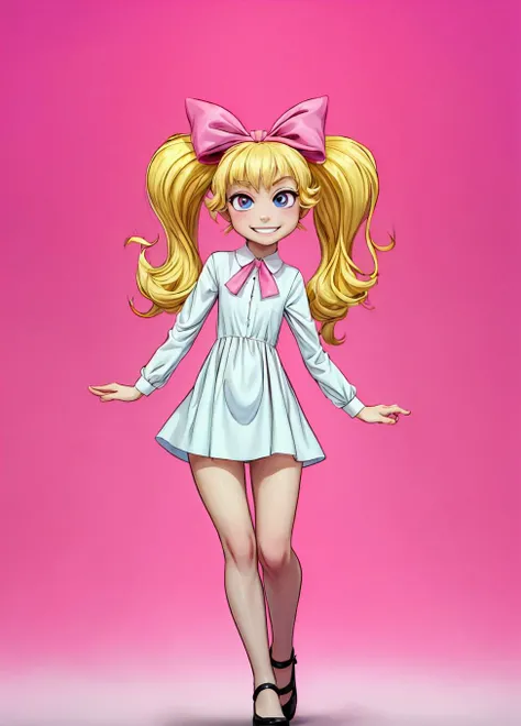 (masterpiece:1.4), (best quality:1.4), (high resolution:1.4), sassy smile, HelgaPataki, twintails, blonde hair, pink ribbon, white shirt, ((pink  lolia dress:1.2)), hair bow, detailed face, detailed eyes, solo, 1 girl, cowbow shot, full body, psychodelic backgorund, pink neon colors <lora:add_detail:1.5> <lora:HelgaPataki:0.8>