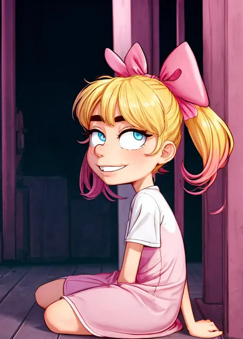 (masterpiece:1.4), (best quality:1.4), (high resolution:1.4), sassy smile, HelgaPataki, twintails, blonde hair, pink ribbon, white shirt, ((pink lolia dress:1.2)), hair bow, detailed face, detailed eyes, solo, 1 girl, cowbow shot, full body, psychodelic backgorund, pink neon colors <lora:add_detail:1.5> <lora:HelgaPataki:0.8>