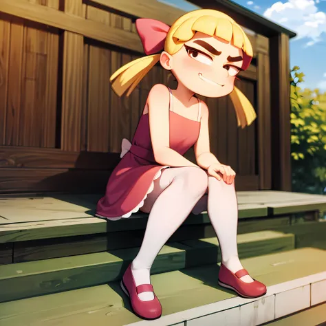 masterpiece, best quality, absurdres, 1girl, looking at viewer, HelgaPataki, twintails, blonde hair, pink ribbon, pink dress, hair bow, thick eyebrows, smug, white socks, (red shoes), <lora:HelgaPataki:0.8>, sitting on the stairs, outdoors