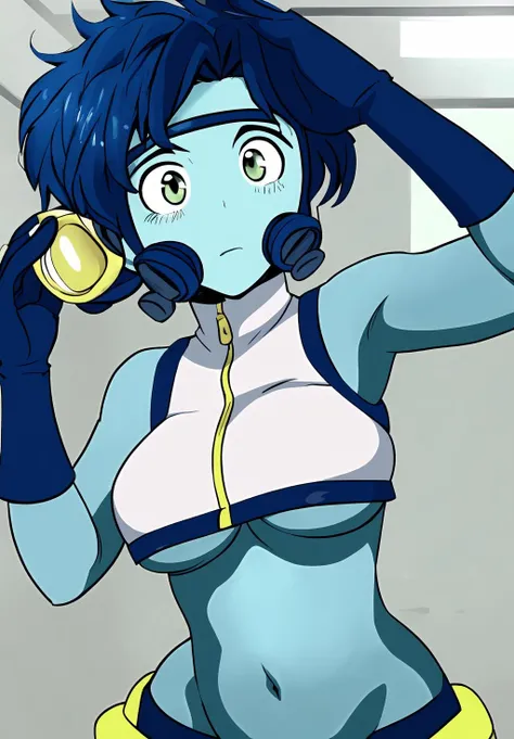 <lora:bubble_girl:0.8>, bubble_girl, (masterpiece, best quality,perfect lighting), 1girl, solo, gloves, navel, portrait,  midriff, crop top, bodysuit, underboob, goggles, goggles on head, diving mask