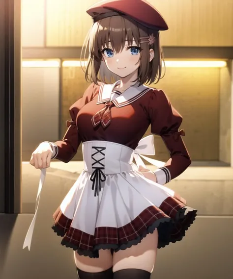(masterpiece, best quality, extremely detailed CG, beautiful detailed eyes, ultra-detailed, intricate details:1.2), 8k wallpaper, elaborate features, glistening shiny, glowing light, ray tracing, HDR, deph of field, (perfect face), HD, perfect light, (cowboy shot, looking at viewer), city, outdoors, smile
MinaseYuka_11eyes, hat, beret, thighhighs, brown hair, blue eyes, hair ornament, black legwear, solo, plaid, long sleeves, zettai ryouiki, plaid skirt, short hair, hairclip, dress, school uniform, ribbon, shoes, waist apron, <lora:MinaseYuka_11eyes:0.9>