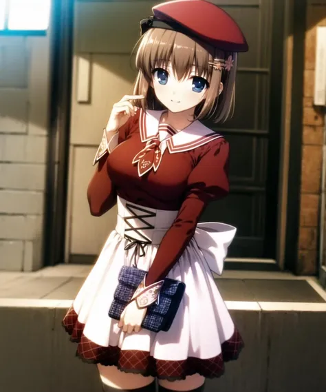 (masterpiece, best quality, extremely detailed CG, beautiful detailed eyes, ultra-detailed, intricate details:1.2), 8k wallpaper, elaborate features, glistening shiny, glowing light, ray tracing, HDR, deph of field, (perfect face), HD, perfect light, (cowboy shot, looking at viewer), city, outdoors, smile,
MinaseYuka_11eyes, hat, beret, thighhighs, brown hair, blue eyes, hair ornament, black legwear, solo, plaid, long sleeves, zettai ryouiki, plaid skirt, short hair, hairclip, dress, school uniform, ribbon, shoes, waist apron, <lora:MinaseYuka_11eyes:1>