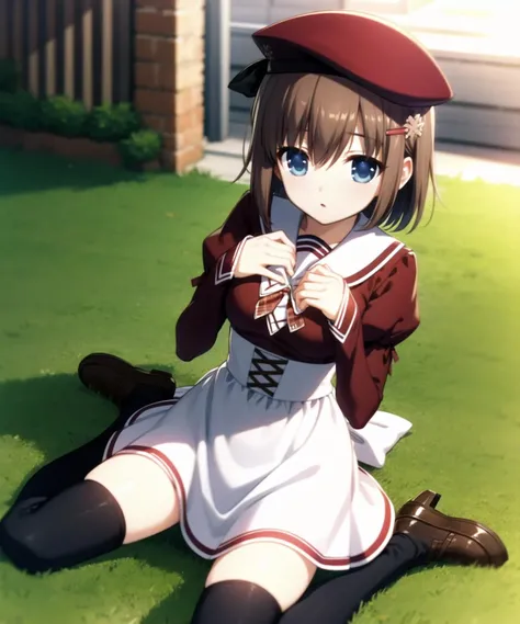 (masterpiece, best quality, extremely detailed CG, beautiful detailed eyes, ultra-detailed, intricate details:1.2), 8k wallpaper, elaborate features, glistening shiny, glowing light, ray tracing, HDR, deph of field, (perfect face), HD, perfect light, (cowboy shot, looking at viewer), outdoors, sitting, wariza,
MinaseYuka_11eyes, hat, beret, thighhighs, brown hair, blue eyes, hair ornament, black legwear, solo, plaid, long sleeves, zettai ryouiki, plaid skirt, short hair, hairclip, dress, school uniform, ribbon, shoes, waist apron, <lora:MinaseYuka_11eyes:0.9>
