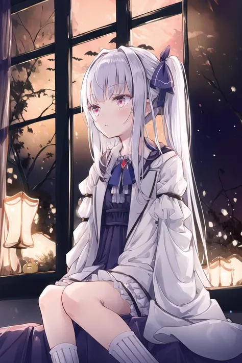 best quality,masterpiece, high res,original, beautiful detailed eyes,ultra-detailed, 1girl, sitting, halloween, red eyes, ribbon, long hair, window, pumpkin, ghost, jack-o'-lantern, white hair, socks, hair ribbon, purple ribbon, solo, small breasts, night, breasts, indoors, dress, grey hair, long sleeves, jewelry, looking away, frills
<lora:akkijin_style:1>