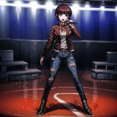 (karaoke bar, gorgeous view)
(full body shot), sfw,  (masterpiece), (best quality:1.0), (ultra highres:1.0), detailed eyes, detailed clothing texture, beautiful face, 1girl, solo, Isabeau singing, microphone
(red blazer), white-undershirt, high waisted jeans, brownish red eyes
danganronpa
<lora:Isabeau_SMT4:0.5> ,  <lora:danganronpa:0.7>