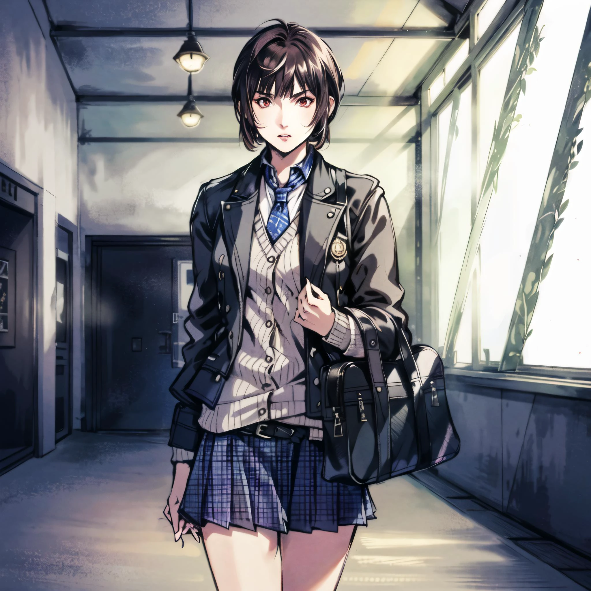 (indoor catwalk, gorgeous view)
(cowboy shot), sfw, (masterpiece), (best quality:1.0), (ultra highres:1.0), detailed eyes, detailed clothing texture, beautiful face, 1girl, Isabeau, black messenger bag
nomura tetsuya, brown jacket, \(blue\) plaid skirt, necktie, brownish red eyes
<lora:Isabeau_SMT4:0.5> , <lora:nomura tetsuya:0.7>