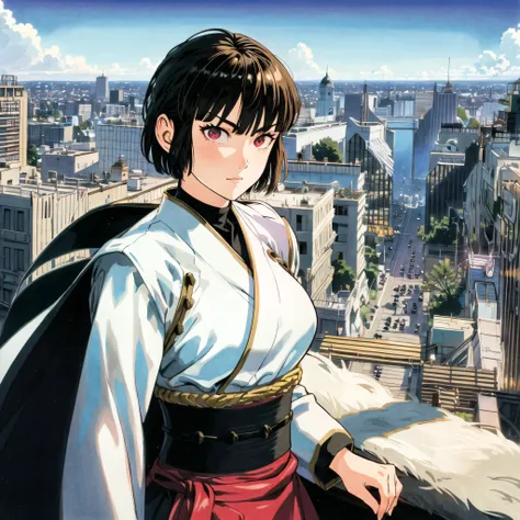 (city street, gorgeous view)
(cowboy shot), sfw,  (masterpiece), (best quality:1.0), (ultra highres:1.0), detailed eyes, detailed clothing texture, beautiful face, 1girl, Isabeau
one punch murata yuusuke, samurai uniform, brownish-red eyes
<lora:Isabeau_SMT4:0.4> ,   <lora:one punch murata yuusuke:0.8>