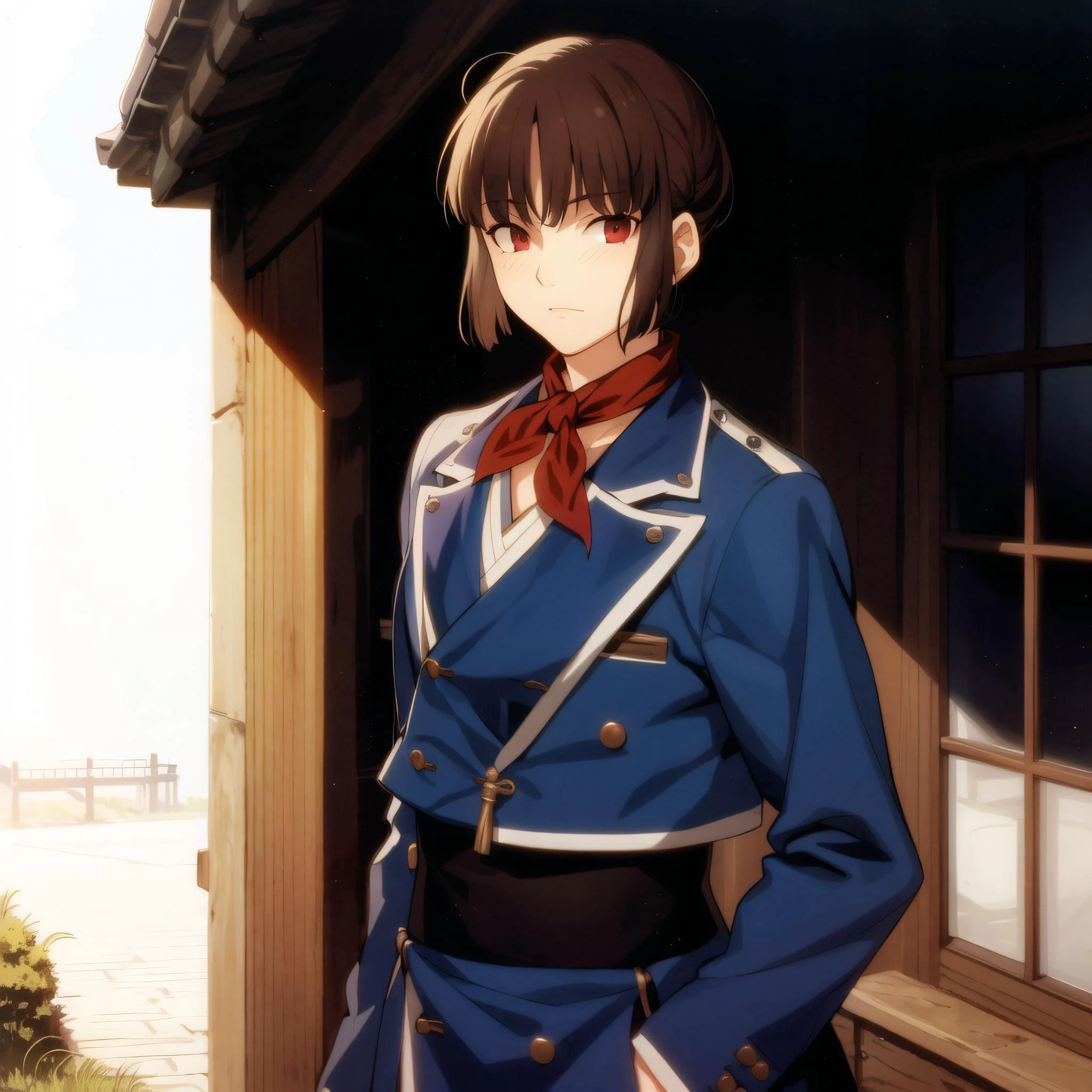 (outside school, gorgeous view)
(cowboy shot), sfw, (masterpiece), (best quality:1.0), (ultra highres:1.0), detailed eyes, detailed clothing texture, beautiful face, Isabeau
samurai uniform, blue coat with white trip, red kerchief, brownish red eyes
fate takeuchi takashi
<lora:Isabeau_SMT4:0.4> , <lora:fate takeuchi takashi:0.7>
