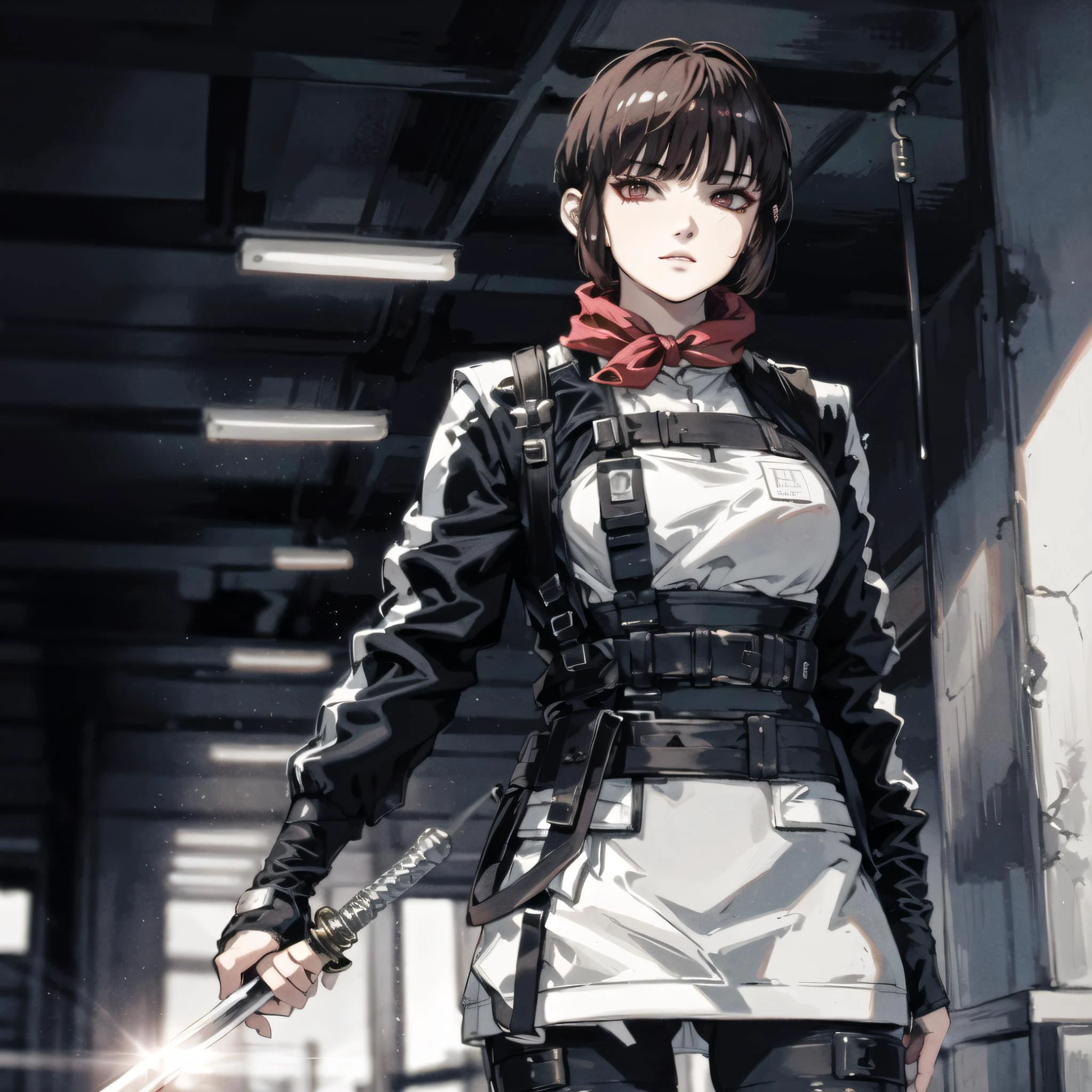 (cyberpunk, gorgeous view)
(cowboy shot), sfw, (masterpiece), (best quality:1.0), (ultra highres:1.0), detailed eyes, detailed clothing texture, beautiful face, Isabeau holding weapon, rapier, sword, scabbard
blue techwear jacket, white tactical vest, red kerchief, brownish red eyes, brown hair
<lora:Isabeau_SMT4:0.5> , <lora:techwear jacket, with buckle and tape, tactical vest:0.6>