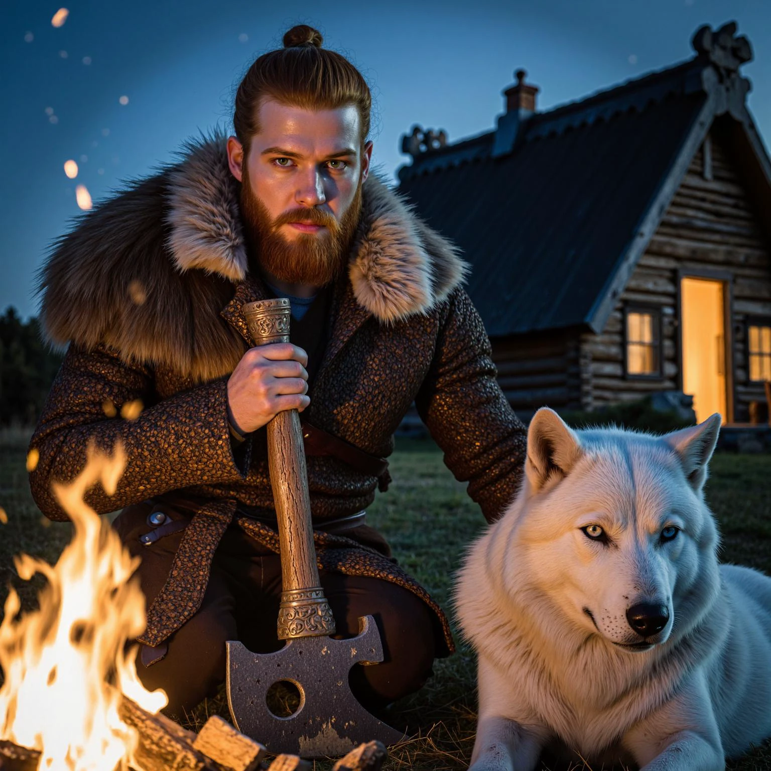 A highly detailed, photorealistic close-up of a rugged Viking warrior with fiery red hair and a thick, braided beard, sitting by a crackling campfire. His intense green eyes reflect the dancing flames, giving him a powerful yet thoughtful expression. He grips the handle of a large, weathered battle axe resting by his side, the blade gleaming faintly in the firelight. His fur-lined cloak, made of thick animal pelts, wraps around his shoulders to protect him from the cold night air. Next to him, a massive, snow-white wolf lies calmly, its fur glowing in the warm light of the fire. The wolf’s piercing blue eyes are fixed on the flames, exuding a quiet strength. In the background, the silhouette of a Viking longhouse is visible, with its steep wooden roof and carved dragon-head ornaments, faintly illuminated by the moonlight. The night sky is clear, filled with stars, adding to the peaceful yet powerful atmosphere of the scene.