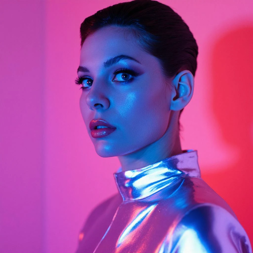 A woman in a futuristic, reflective dress with bold makeup, taken from the shoulders up. Shot in neon lighting with a Sony A7R IV, 85mm f/1.4 lens, ISO 400, 1/60s. The camera captures her angular face, with neon pinks and purples bouncing off her silver attire. The photo is sharp and clear, capturing the fine details of her exaggerated eyeliner and sculptural hairstyle. The lighting reflects off her face in a high-contrast fashion