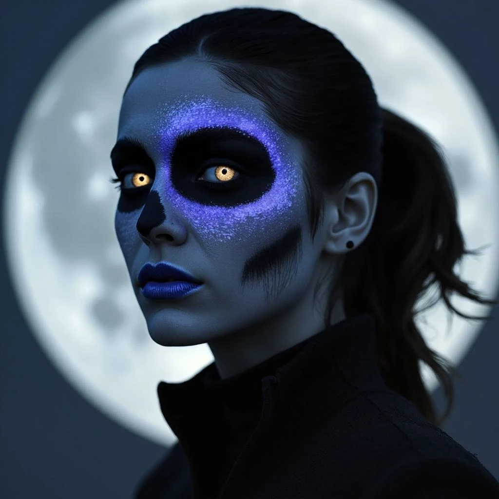 extremely detailed face, skin, hair, and eyes, photograph, Dull Female Bladesinger, de dia los muertos Celestial hair styled as Ponytail, Mennonite background, Moonlit, Interpolation, dslr, atmospheric perspective, skin pores