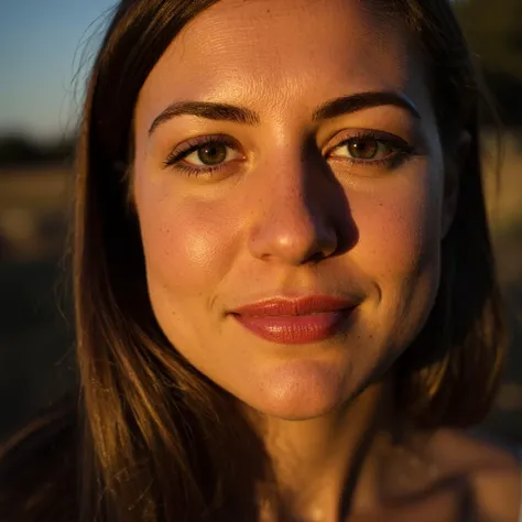 A close-up portrait shot in low evening light using a Sony A7S III, 50mm f/1.4 lens, ISO 800, 1/50s. The camera captures the details of her face, with deep, soft shadows from the side lighting. The expression on her face is introspective, with no bokeh or blur, and sharp details in the low-light background
