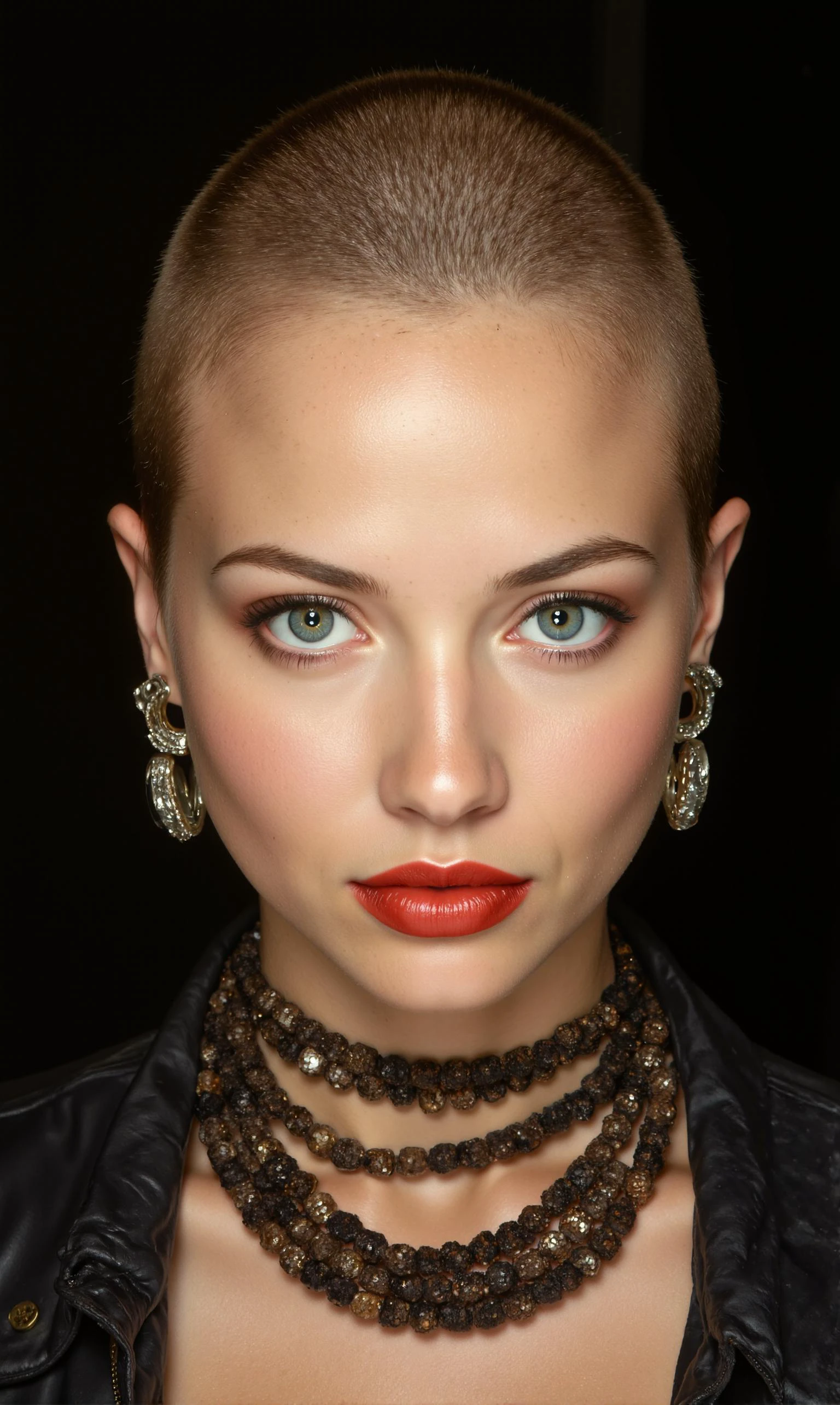 A close-up portrait of a woman with a shaved head, striking blue eyes, and bold red lipstick. She wears large, ornate earrings and a choker with multiple strands of beads. The dark background highlights the subject's features. The image style is dramatic and avant-garde, emphasizing fashion and beauty.