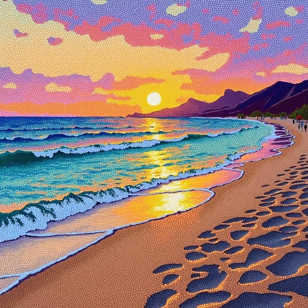 A vibrant pointillism artwork of a beach at sunset. Thousands of small, precise dots of color form the soft gradient of the sky, transitioning from warm oranges and pinks near the horizon to deep purples and blues higher up. The ocean reflects the fading sunlight with shimmering dots of turquoise, gold, and violet. In the foreground, the sandy shore is depicted with rich earthy tones, and distant figures are barely visible, rendered with small specks of color that blend into the scene, creating a soft, diffused effect.