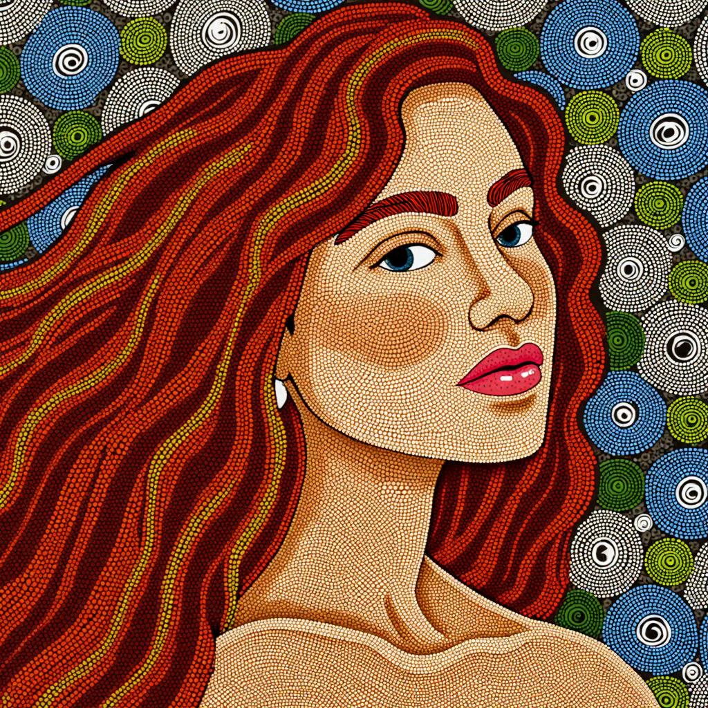 A captivating portrait of a woman with flowing red hair, created in the style of Aboriginal Dot Painting. Her hair is depicted using intricate dots of vibrant red and orange, forming organic patterns that radiate outward. Her face is soft and serene, outlined with tiny dots in earthy tones, emphasizing her features. Swirling background motifs in blue and green symbolize the connection to nature, with circular dot formations adding depth and texture, creating a harmonious balance between the woman and the natural world around her