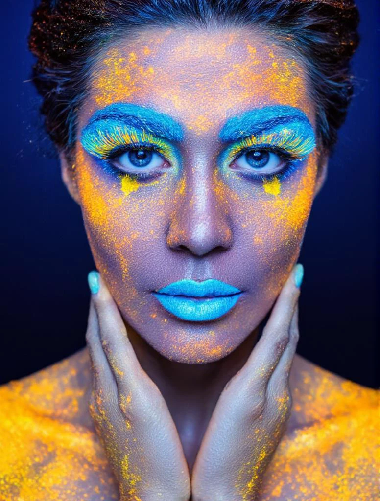A upper body photograph of a woman with luminescent, glowing, multicolored makeup, featuring vibrant blue, orange, and yellow hues. She has short hairs. The image is artistic, with a focus on her face and hands. The makeup is highly detailed, with a soft, even texture. the lips and eyelashes are glowing bright blue. dark background.
<lora:makeup_art_FLUX_v1:1>