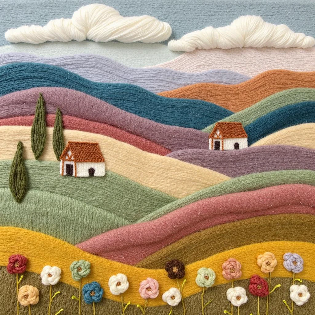 A cozy woolen tapestry depicting a serene countryside scene. Rolling hills made from soft, hand-dyed wool fibers blend into one another, with delicate trees and a small farmhouse crafted from various shades of yarn. The texture of the wool creates depth and warmth, giving the landscape a soft, almost three-dimensional quality. The sky is a mix of pastel blues and whites, while wool flowers dot the ground, adding pops of color. The entire piece exudes a sense of rustic charm and handcrafted beauty