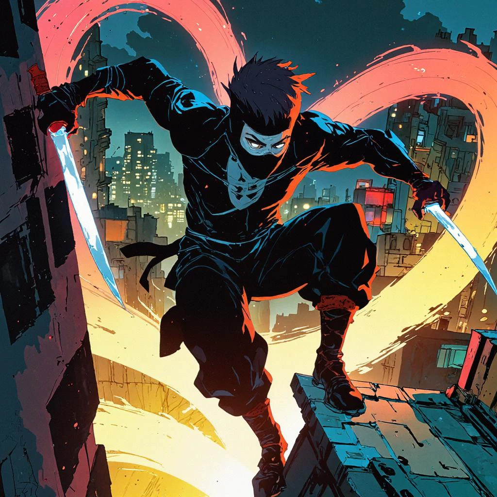 animeniji, anime, niji, 2D flat anime, Dynamic action scene featuring a male ninja with short spiky hair and a black outfit, leaping between rooftops. He wields a pair of shining katanas, with neon city lights illuminating the background, creating a contrast between shadows and vibrant colors.