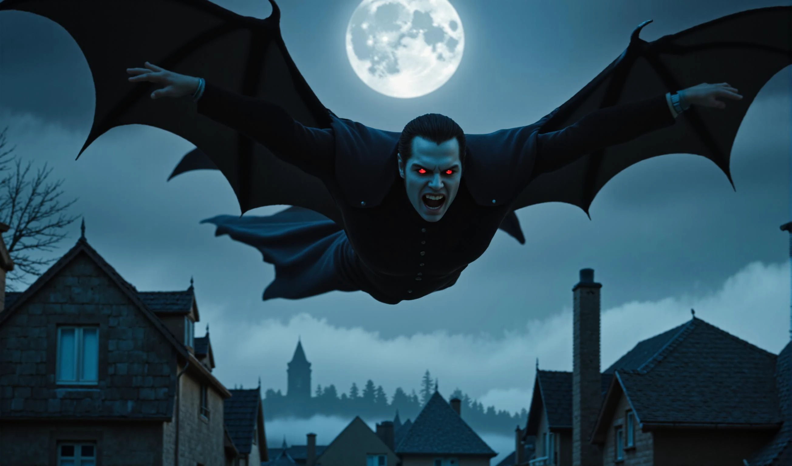 A powerful vampire in mid-flight, soaring through the night sky with large, bat-like wings spread wide. The vampire's face is fierce and determined, with glowing red eyes and sharp fangs visible as they prepare to swoop down. Below, a haunted village is lit by the pale light of the full moon. The vampire's dark, flowing cloak billows behind them as they dive through the misty air, casting an ominous shadow over the rooftops. The scene is filled with action and suspense