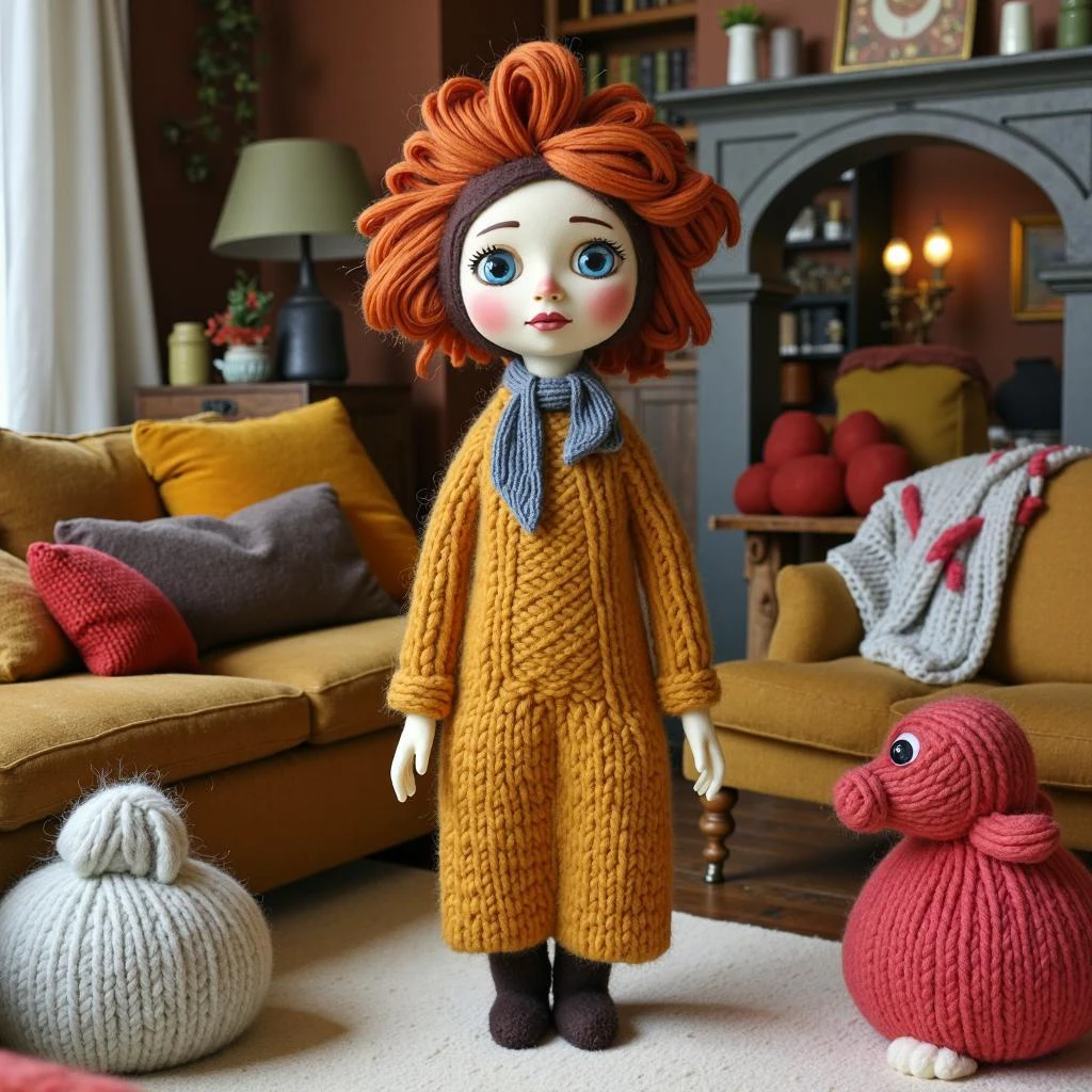 A whimsical woman, entirely made of wool, stands in the center of a cozy, soft room. Her entire body is formed from twisted yarn and felted wool, from her woolen face and sculpted wool hair to her delicate fingers and textured woolen dress. Her eyes, nose, and mouth are skillfully shaped from multicolored threads. The room around her is also a woolen wonderland—everything, from the furniture to the walls, is crafted from plush wool, blending into her surreal world