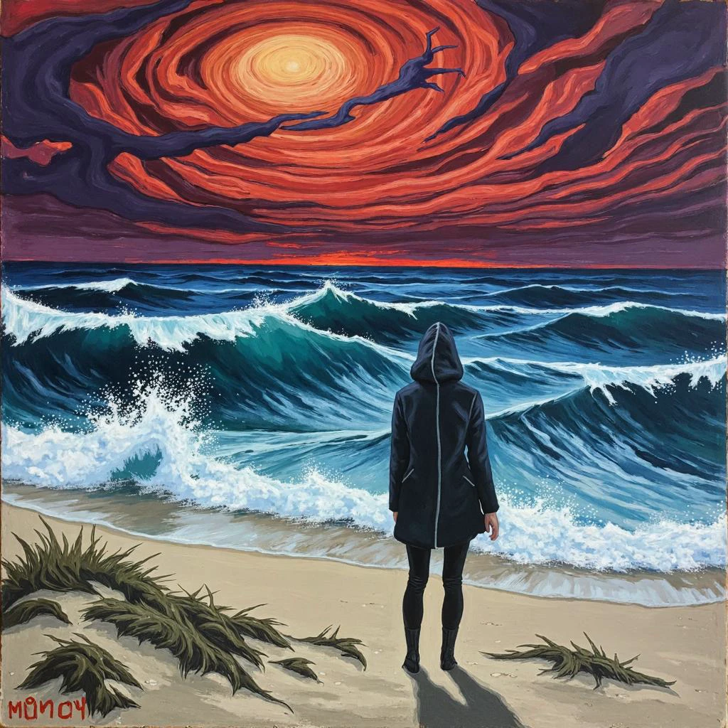 A lone figure stands on a windswept beach, their body tense with an air of melancholy and isolation. Painted in the style of Edvard Munch, the sky looms overhead, swirling with deep reds, purples, and blues that mirror the figure's emotional landscape. The waves crash against the shore, each one echoing the inner turmoil of the character. The jagged strokes and eerie color palette bring forth feelings of dread, longing, and the heavy weight of existence, creating an unsettling yet profound atmosphere