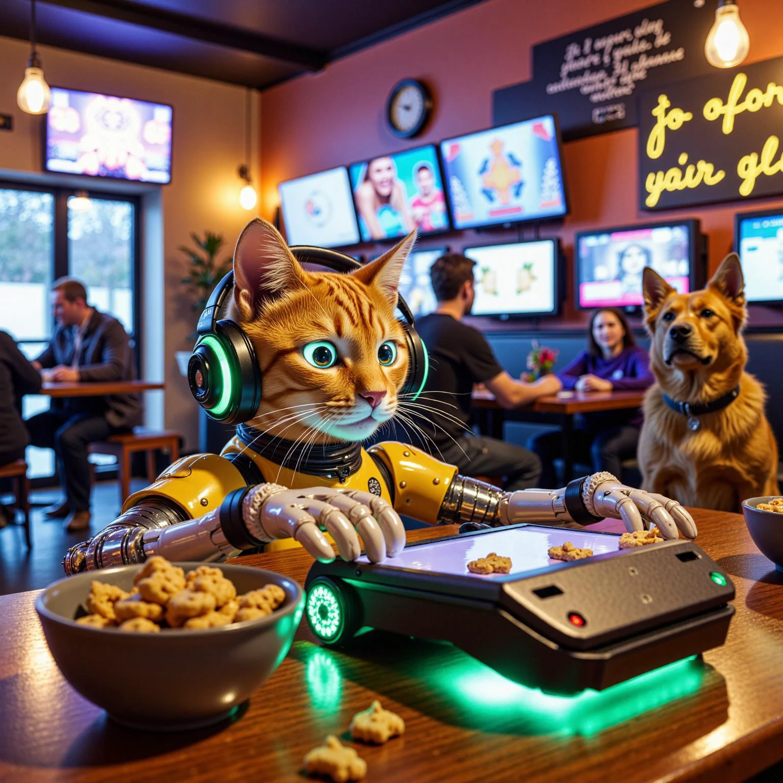 a quirky anthropomorphic robotic cat with vibrant orange fur and shiny metallic limbs, lounges in a cozy gaming café, surrounded by an array of colorful gaming consoles and glowing screens. The cat, equipped with oversized headphones, is engrossed in a virtual reality game, energetically pawing at an illuminated control panel. In front of it, a half-eaten bowl of catnip-flavored snacks spills onto the table. The café bustles with patrons, while a curious antropomorphic robotic dog observes from the corner, tilting its head in confusion. The playful atmosphere highlights the whimsical blend of technology and charm as the robot cat’s expressive eyes glow with joy and determination during its gaming session.
