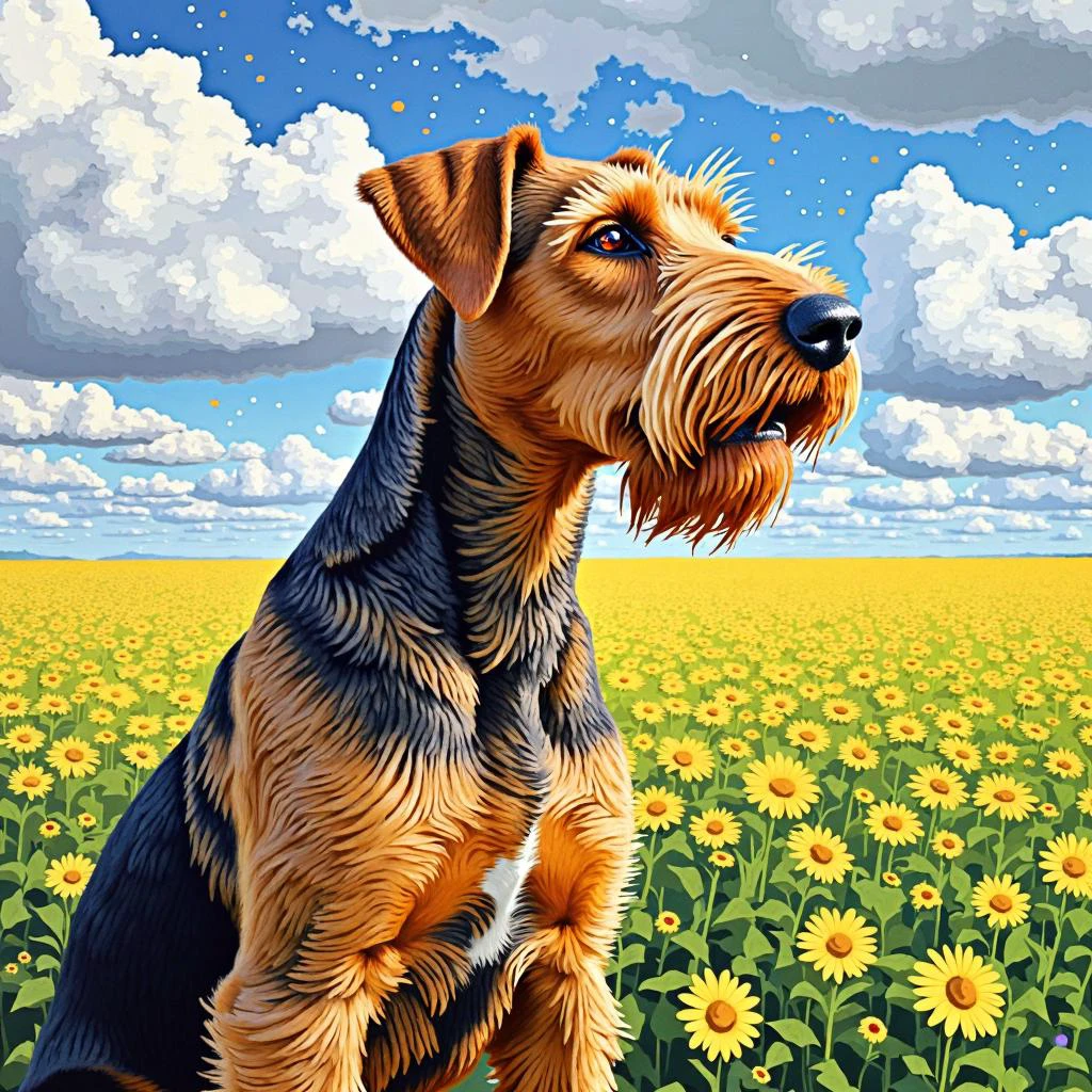 The Airedale terrier, created with the help of many small colored dots, stands against the background of a field with blooming flowers. Every detail, from the dog's fur to the heavenly expanse, is pinpointed, creating a bright and lively portrait, shimmering with light and movement