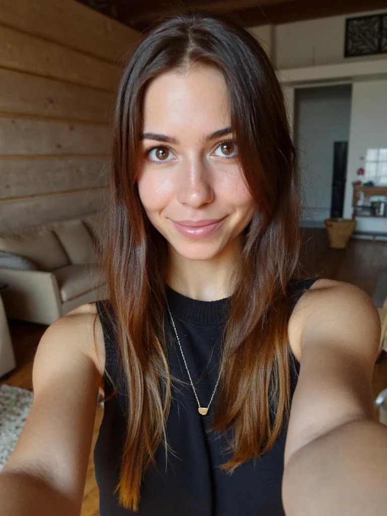 a woman, house apartment with loft-style decor, real photo, best quality, masterpiece, realism, photorealistic, a person takes selfie of self, picture face focused, looking at camera, detailed shoulders, detailed eyes