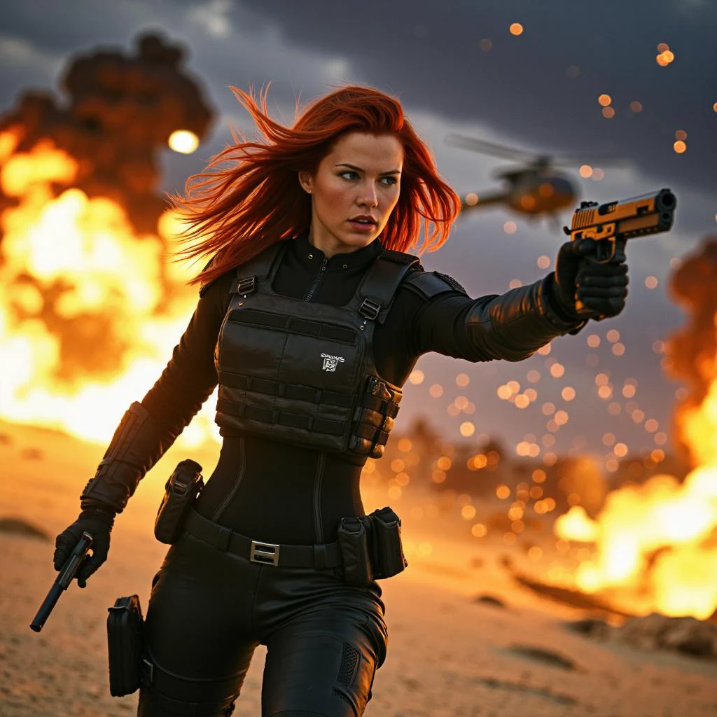 A fierce woman with fiery red hair, dressed in sleek black tactical gear, stands in the middle of a chaotic battlefield. Her hair flies in the wind as she expertly dual-wields pistols, taking down enemies with precision. Behind her, a series of explosions light up the night, debris scattering in all directions. She dives into a roll to avoid incoming fire, determination etched on her face as she sprints toward an enemy helicopter, ready for her next move in the heart-pounding action