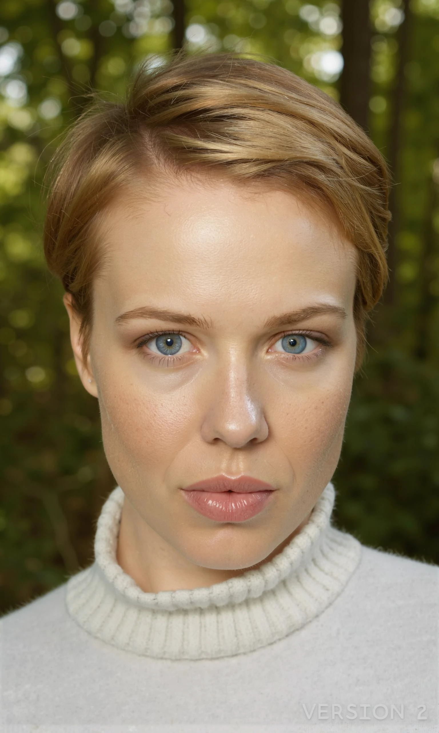 A close-up portrait of a woman with a short, blonde pixie haircut. She has striking blue eyes and a neutral expression. She wears a white turtleneck sweater. The background is a blurred green forest, indicating a serene outdoor setting. A watermark in the bottom right corner reads 'VERSION 2'.