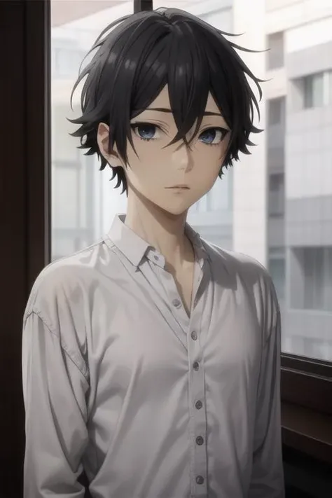 masterpiece, best quality, high quality, 1boy, solo, male focus, looking at viewer, <lora:MiyamuraIzumi_LoRA-10 - copia:0.76>, miyamura, black hair, hair between eyes, blue eyes, short hair, bangs