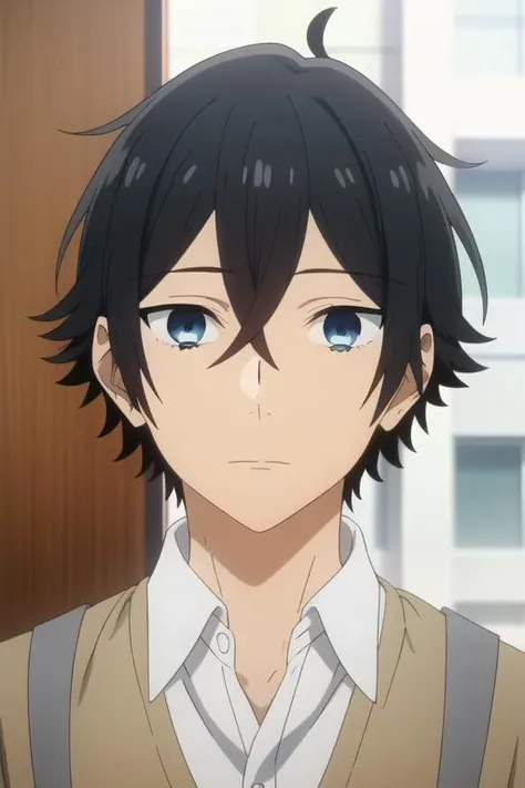 masterpiece, best quality, high quality, 1boy, solo, male focus, looking at viewer, <lora:MiyamuraIzumi_LoRA-10 - copia:0.79>, miyamura, black hair, hair between eyes, blue eyes, short hair, bangs