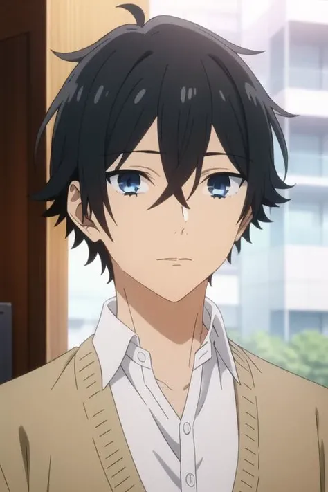 masterpiece, best quality, high quality, 1boy, solo, male focus, looking at viewer, upper body, <lora:MiyamuraIzumi_LoRA-10 - copia:0.70>, miyamura, black hair, hair between eyes, blue eyes, short hair, bangs