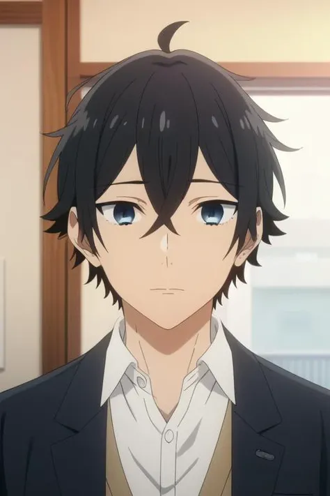 masterpiece, best quality, high quality, 1boy, solo, male focus, looking at viewer, <lora:MiyamuraIzumi_LoRA-10 - copia:0.75>, miyamura, black hair, hair between eyes, blue eyes, short hair, bangs