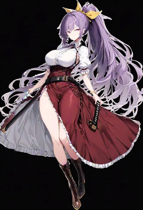 masterpiece, best quality, ultra-detailed, beautiful, nai3, 1girl, solo, full_body, tachi-e,
watatsuki_no_yorihime, solo, 1girl, lace, purple_hair, long_hair, hair_ribbon, yellow_ribbon, single_strap, loose_belt, bangs, red_eyes, large_breasts, white_shirt, frills, collared_shirt, puffy_short_sleeves, sleeveless, very_long_hair, purple_eyes, high_knee_boots, brown_footwear, cross-laced_footwear, gold_bracelet, long_skirt, opened_long_skirt, high_heels, sheath, ponytail, red_dress, red_pinafore_dress, katana, sheathed, expressionless,