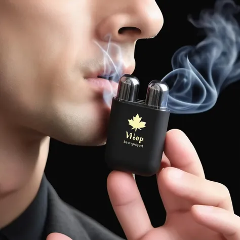 Visualize a close-up of a man's lower face, revealing only his nose and mouth. The man's lips are slightly parted, and he's inhaling a wisp of smoke that's elegantly drifting up from an earphone case placed in front of him. The smoke has an ethereal quality, suggesting it's not just ordinary smoke but something more magical or special. The earphone case is sleek and modern, with a prominent maple leaf symbol on its surface, which stands out against the case's dark color. The light source in the scene casts a soft glow on the man's skin and creates a shimmering effect on the smoke, making it look almost luminous. <lora:smokebox:0.75>