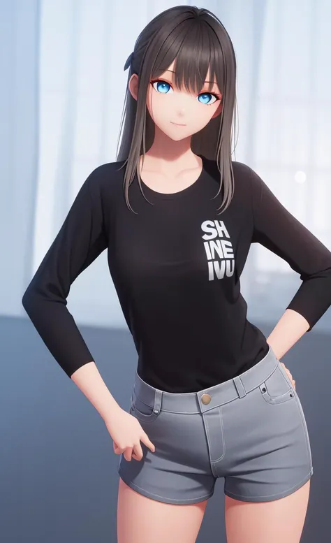 masterpiece, best quality, 1girl, shiny skin, bule shirt,standing, looking at viewer, hand on hip,
